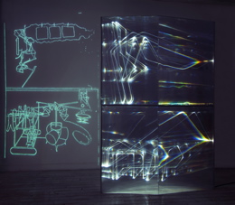 CARLO BERNARDINI, FANTASMA DI DUCHAMP 2009, Fibre ottiche, plexiglass, superficie OLF e videoproiezione, cm h 262x138x40. Museo d’arte, Villa Ciani, Lugano.