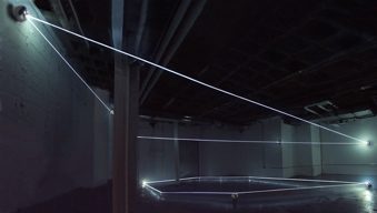 CARLO BERNARDINI, Event Horizon 2007; fibre ottiche, sfere in acciaio inox; mt h 4x13x10. New York, Swing Space, LMCC.