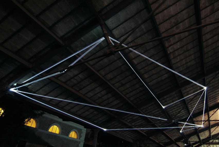 Carlo Bernardini, Campo Organico di Luce 2011, installazione in fibre ottiche, mt h (da terra) 5,5x10x5. The Road to Contemporary Art, Ex Mattatoio di Testaccio, Roma.