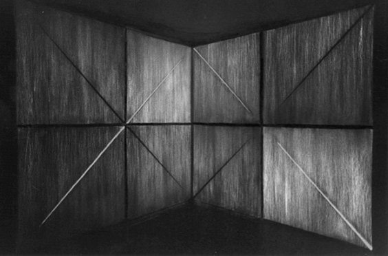 CARLO BERNARDINI, SUPERFICI VIRTUALI CON LINEE DI LUCEOMBRA 1996 Acrilico e fosforo su tavola, cm h 285x575 (visione al buio), XII Quadriennale, Palazzo delle Esposizioni, Roma.