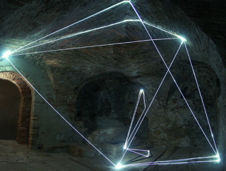 CARLO BERNARDINI, CATALIZZATORE DI LUCE 2005, acciaio inox e fibre ottiche, m h 3x4x6; Castelbasso, Fondaco-Palazzo Pirocchi