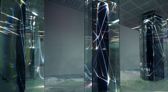 CARLO BERNARDINI, LIGHT WAVES 2008, Glass prisms, optic fibers, olf surface, videoprojection, sound; feet h 13x31x7; Brindisi, Aeroporto del Salento.