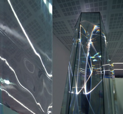 CARLO BERNARDINI, LIGHT WAVES 2008. Glass prisms, optic fibers, olf surface, videoprojection, sound; feet h 13x31x7. Brindisi, Aeroporto del Salento.