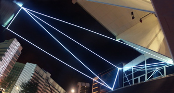 Carlo Bernardini, Space Interrelations 2010, optic fibers installation, mt h (from ground) 15x18x13. Theater a:h Spui, Spuiplein, Todaysart, The Hague.