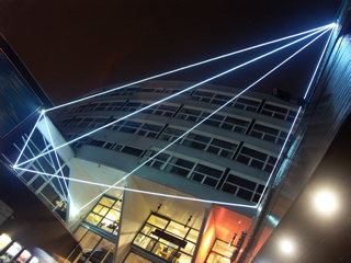 Carlo Bernardini, Space Interrelations 2010, optic fibers installation, mt h (from ground) 15x18x13; Theater a:h Spui, Spuiplein, Todaysart, The Hague.