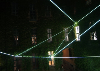 Carlo Bernardini, Suspended Crystallization 2010; optic fibers installation, h (from ground) mt 9,5x11x13. Luci d'Artista 2010, Turin XIII edizione; Palazzo Bertalazone di San Fermo XVII sec.