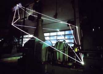 CARLO BERNARDINI, Permeable Space 2001, optic fibers, feet h 35x35x17,5, Officine del gas Bovisa, Milan.