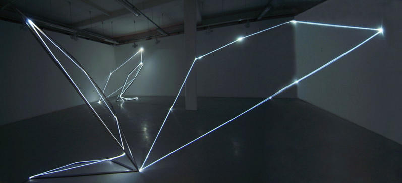 CARLO BERNARDINI, LIGHT CATALYSTS 2005, stainless steel, optic fibers, feet h 14x42x36 and h 14x16x14, (one-dimensional vision); Torino, Velan Contemporary Art Center