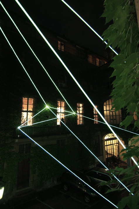 Carlo Bernardini, Suspended Crystallization 2010; optic fibers installation, h (from ground) mt 9,5x11x13. Luci d'Artista 2010; Turin XIII edizione, Palazzo Bertalazone di San Fermo XVII sec.