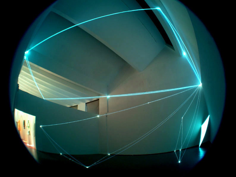 PERMEABLE SPACES 2002-Optical fibres, electro-luminescent surface, feet h 27x39x33, Triennial of Milan.