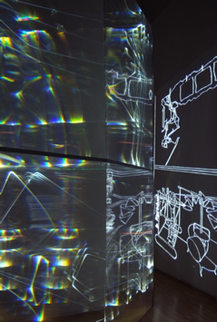 CARLO BERNARDINI, GHOST OF DUCHAMP 2009, Fiber optic, plexiglass, OLF surface, video, feet h 9,5x5x1,5, Museo d’arte, Villa Ciani, Lugano.