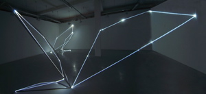 CARLO BERNARDINI, CATALIZZATORI DI LUCE 2005, fibre ottiche e acciaio inox, H mt 4x12x10  e H mt 4x4,5x4 (punto di vista bidimensionale); Torino, Velan Centro Arte Contemporanea