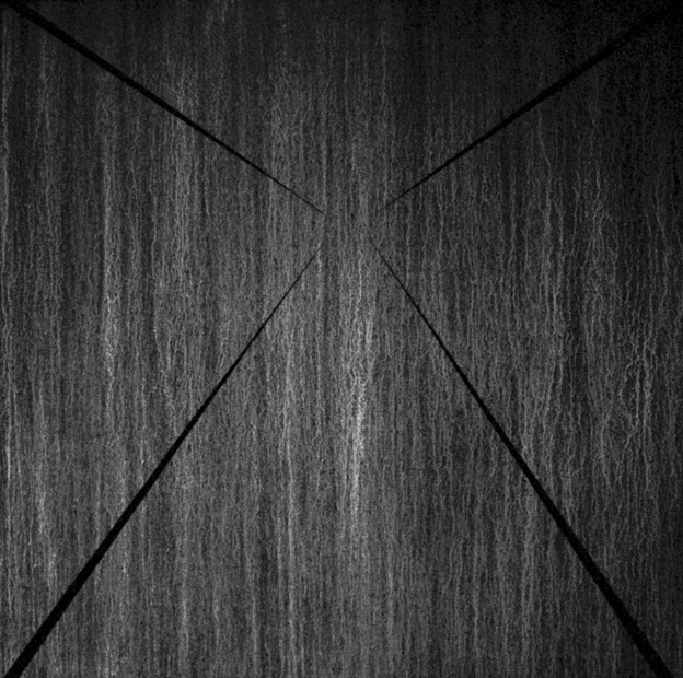 CARLO BERNARDINI, Superficie virtuale con linee di luce:ombra 1996, pigmenti in polvere acrilici bianchi e fosforo su tavola, cm h 175x175 (al buio).