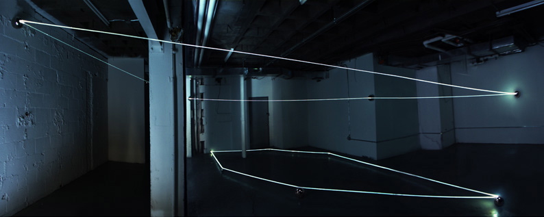 CARLO BERNARDINI, Event Horizon 2007, optic fibers, stainless steel spheres; feet h 14x45x35. New York, Swing Space, LMCC.