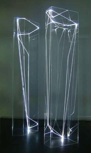 PERMEABLE SPACES 2002 Plexiglass, optical fibres, feet h 7x2x2.